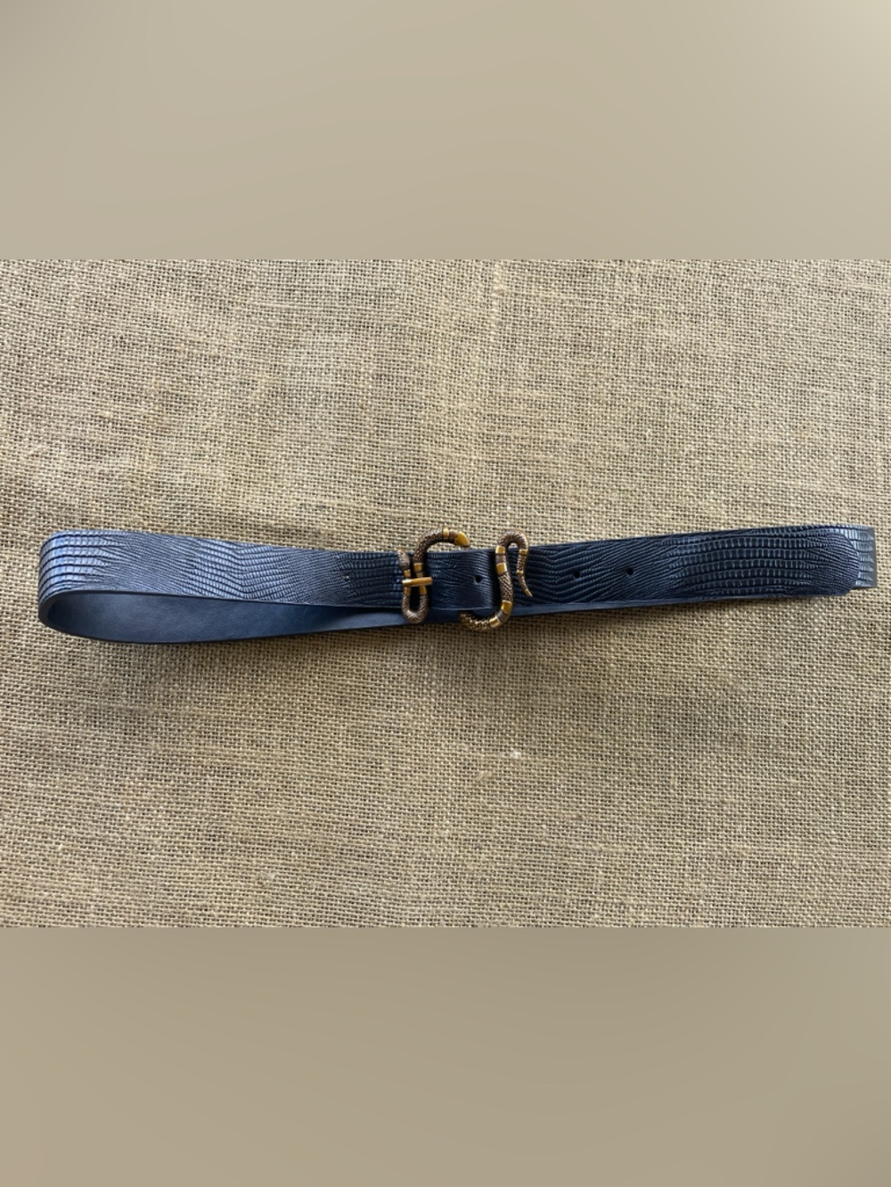 Faux Croc Textured Leather Belt with Gold-Tone Double Snake Buckle Accent